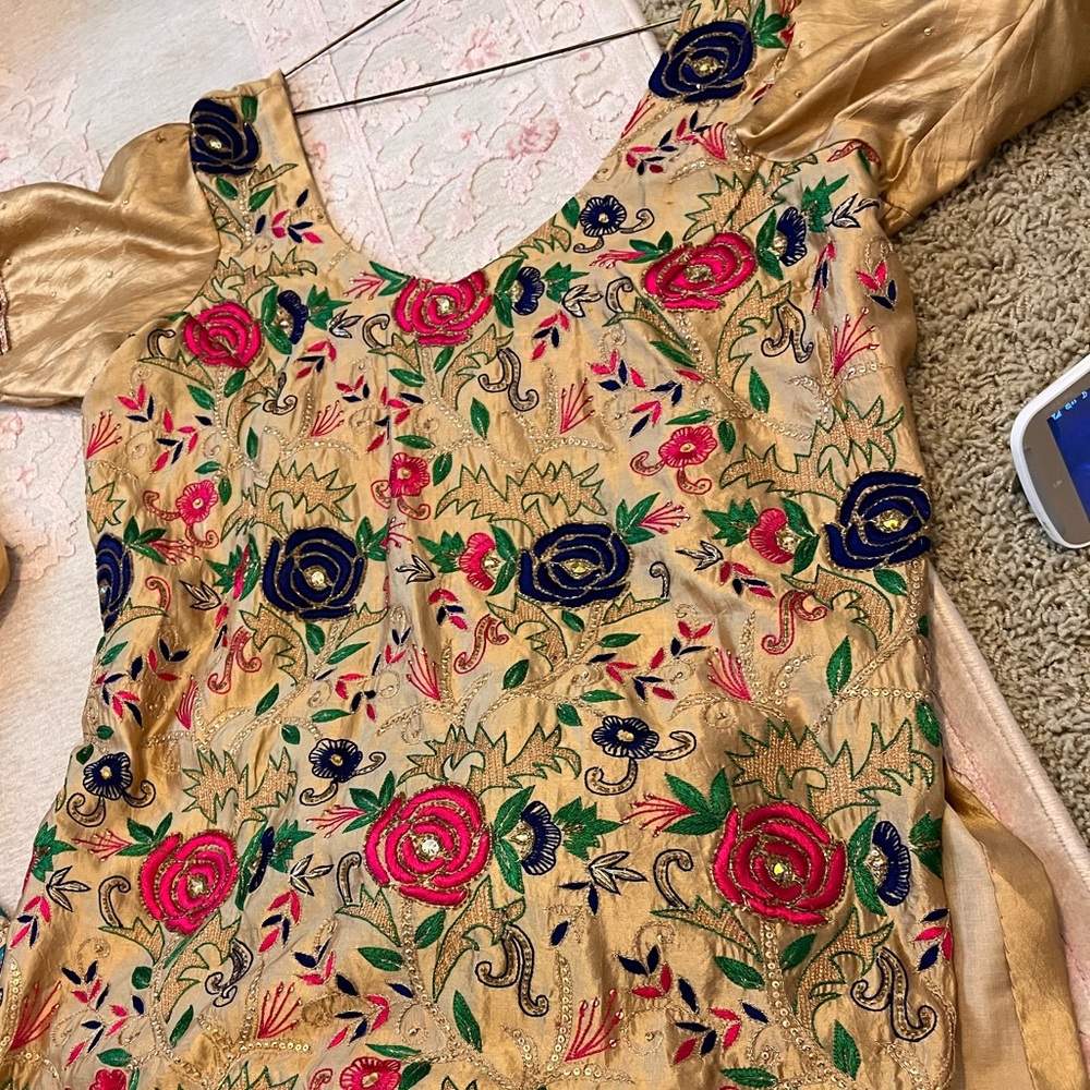 Beautiful Punjabi gold suit, pink and blue accents and gold floral embroidery